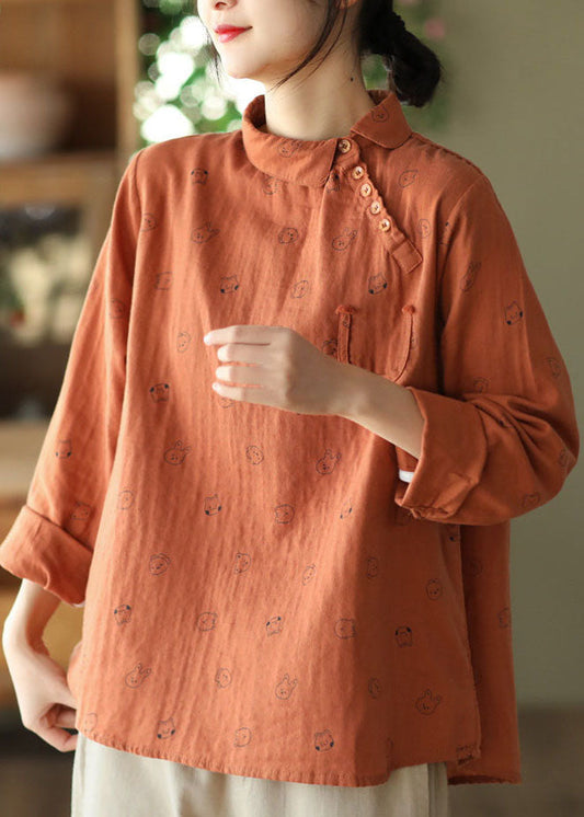 Boutique Orange Peter Pan Kragen Druck Knopf Baumwolle Tops Langarm