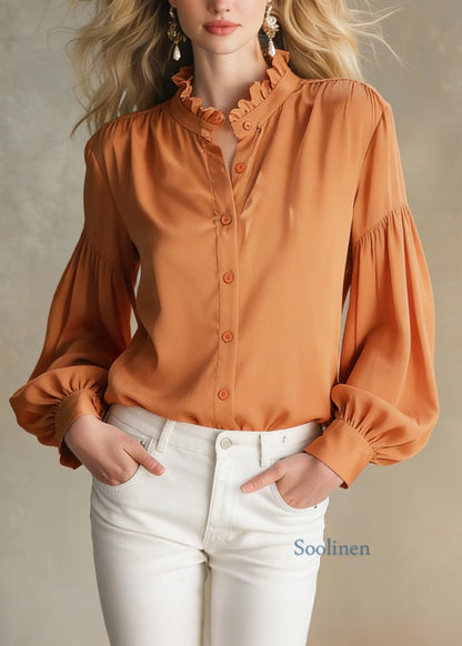 Boutique Orange Ruffled Patchwork Silk Shirt Tops Spring