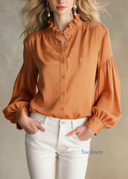 Boutique Orange Ruffled Patchwork Silk Shirt Tops Spring