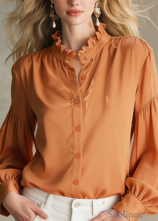 Boutique Orange Ruffled Patchwork Silk Shirt Tops Spring