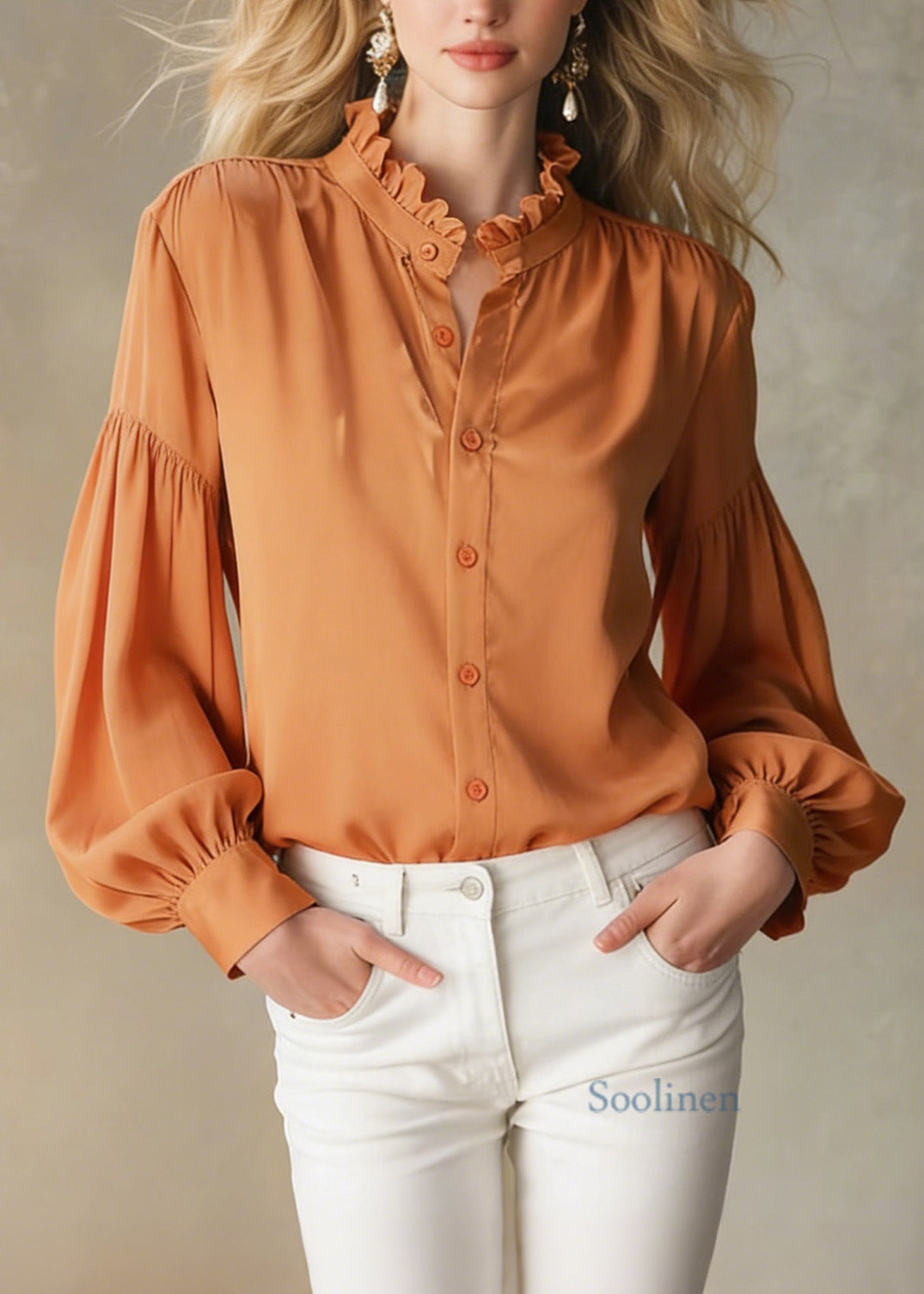 Boutique Orange Ruffled Patchwork Silk Shirt Tops Spring