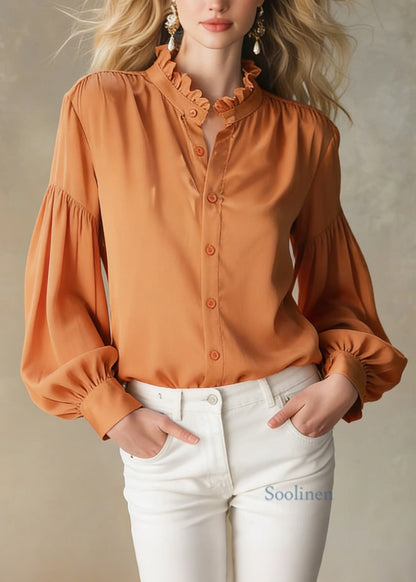 Boutique Orange Ruffled Patchwork Silk Shirt Tops Spring