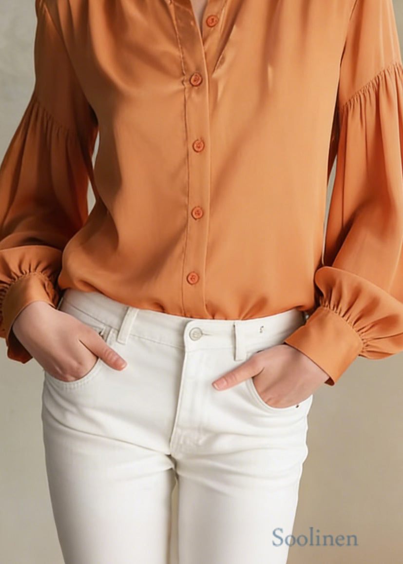 Boutique Orange Ruffled Patchwork Silk Shirt Tops Spring