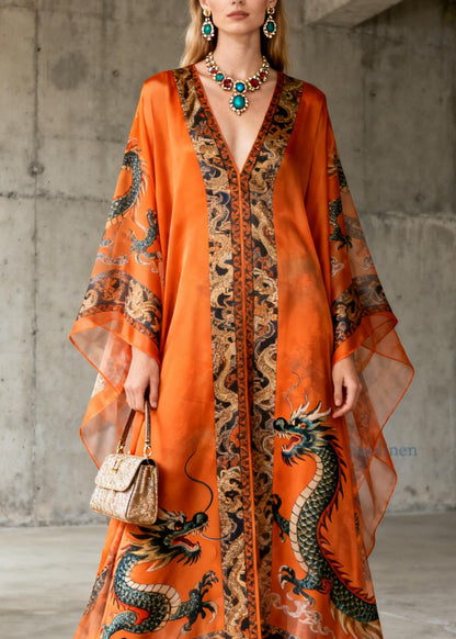 Boutique Orange V Neck Oriental Print Chiffon Dress Summer