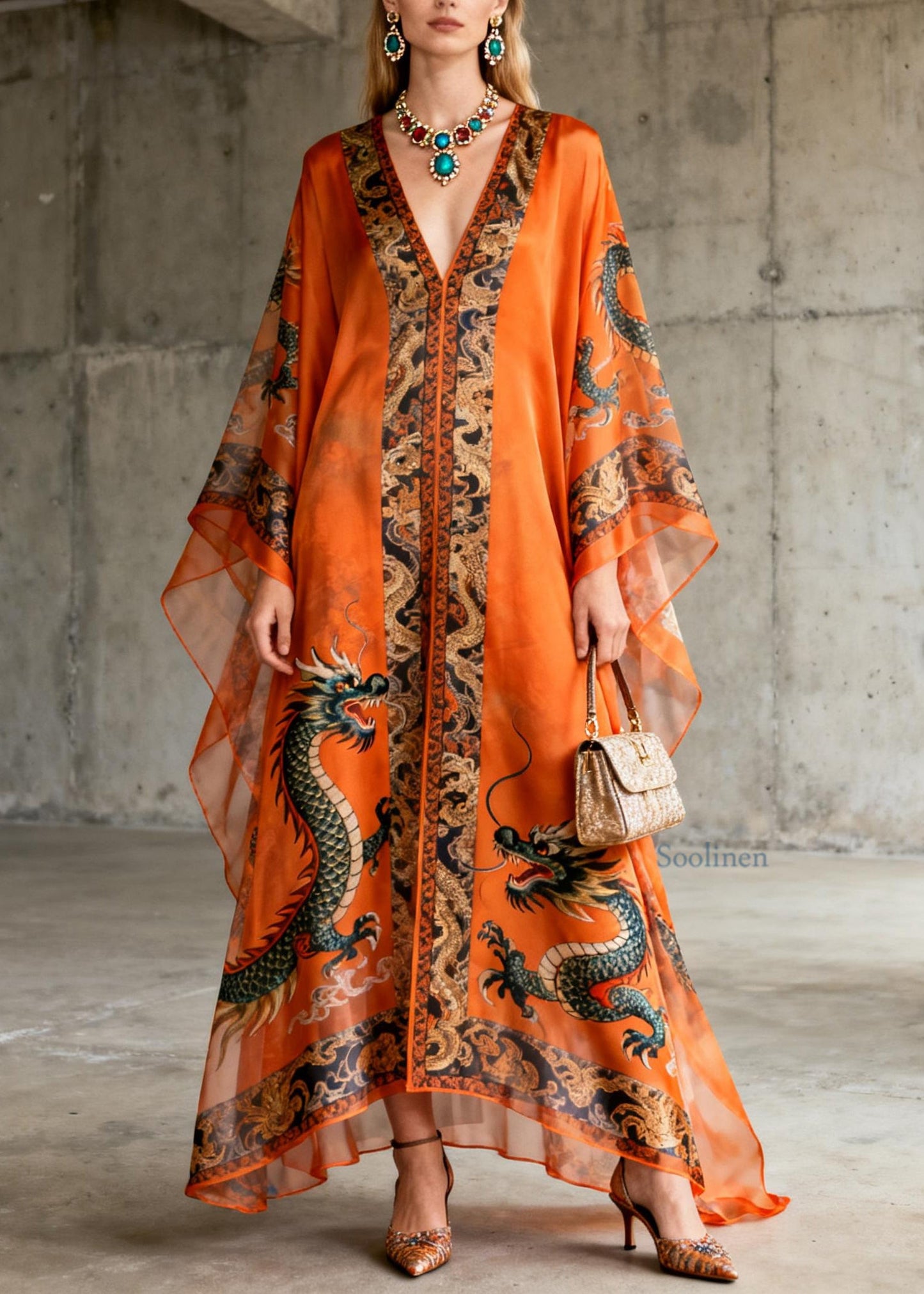 Boutique Orange V Neck Oriental Print Chiffon Dress Summer