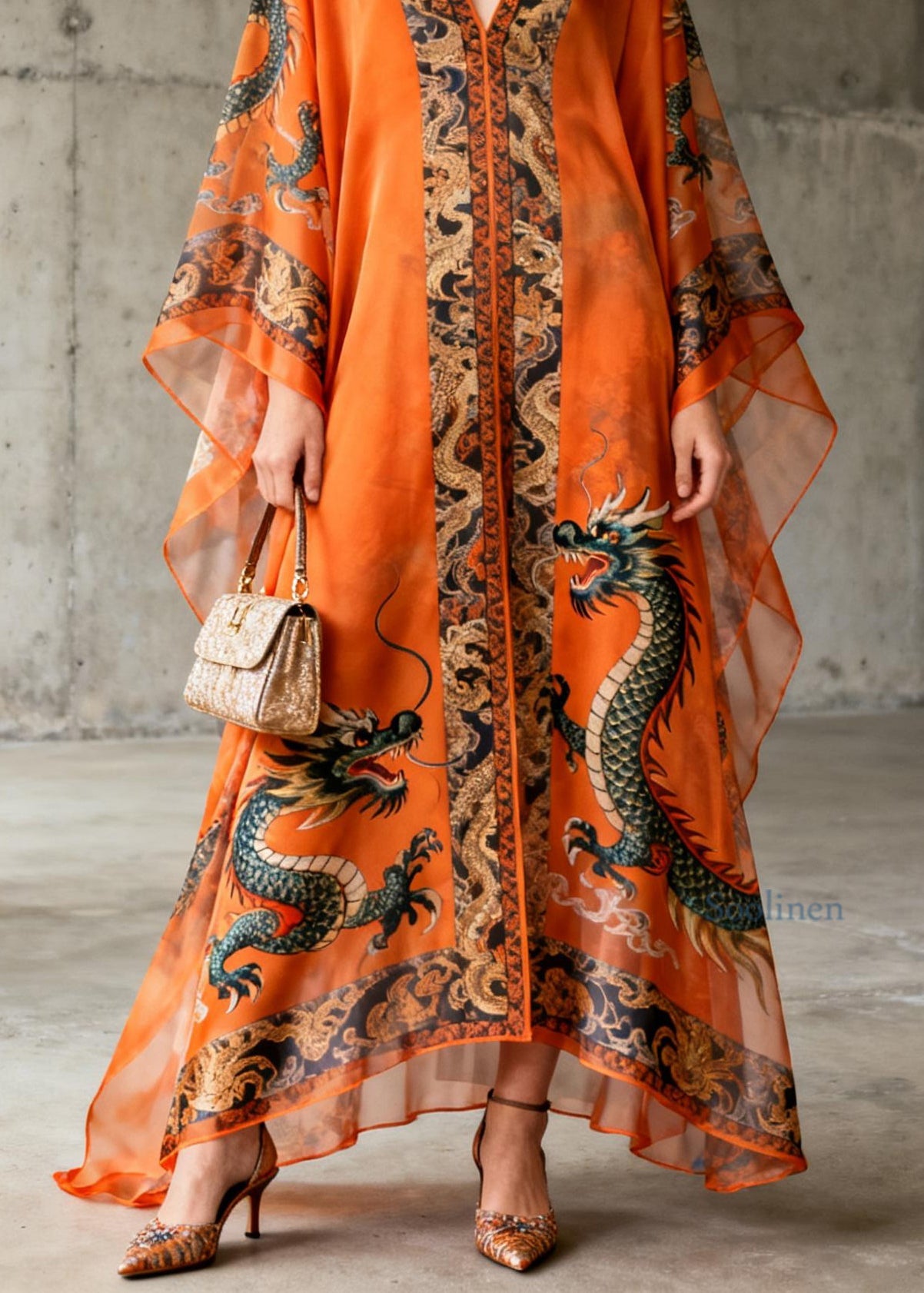 Boutique Orange V Neck Oriental Print Chiffon Dress Summer
