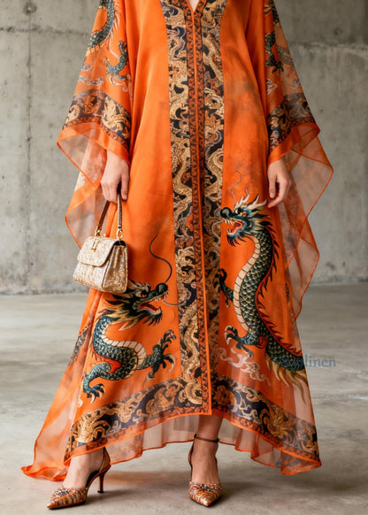 Boutique Orange V Neck Oriental Print Chiffon Dress Summer