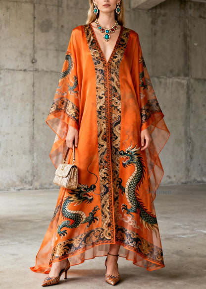 Boutique Orange V Neck Oriental Print Chiffon Dress Summer