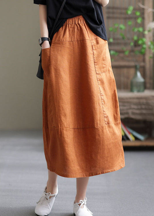 Boutique Orange elastische taille Taschen Patchwork Leinen Rock Frühling