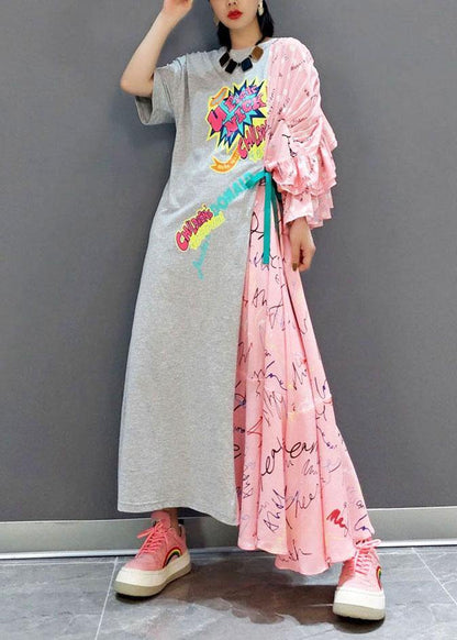 Boutique Patchwork O-Neck Print Half Sleeve Asymmetrical Design Fall Long Dress - SooLinen