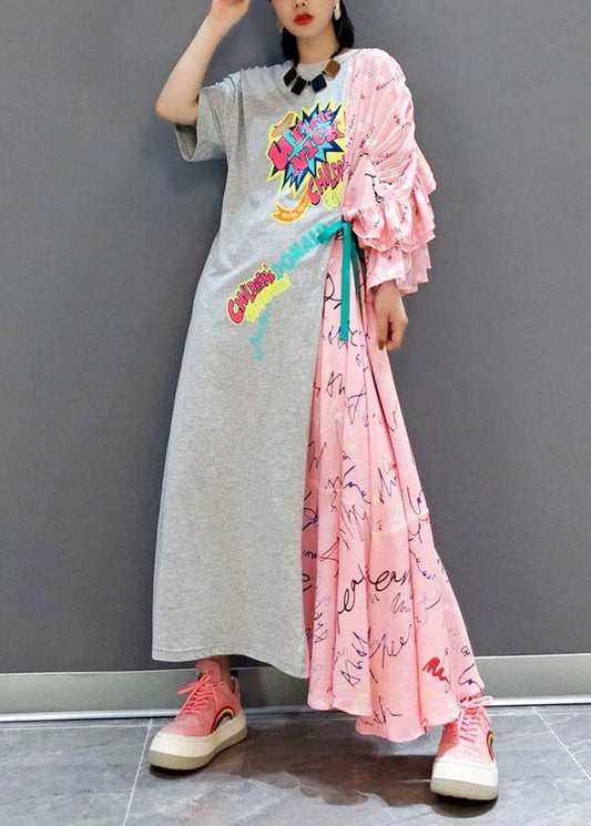 Boutique Patchwork O-Neck Print Half Sleeve Asymmetrical Design Fall Long Dress - SooLinen