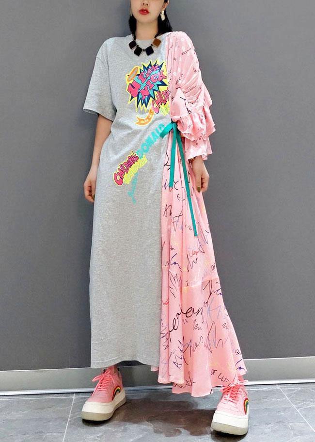 Boutique Patchwork O-Neck Print Half Sleeve Asymmetrical Design Fall Long Dress - SooLinen