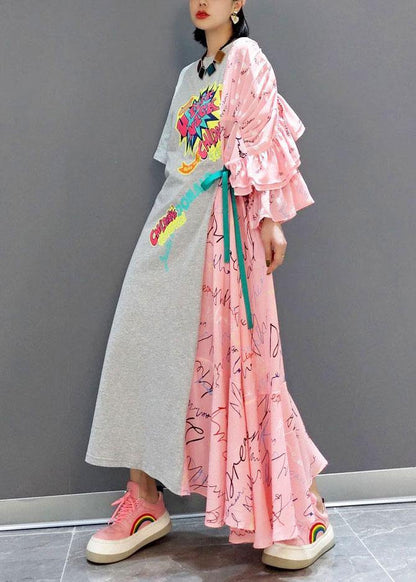 Boutique Patchwork O-Neck Print Half Sleeve Asymmetrical Design Fall Long Dress - SooLinen