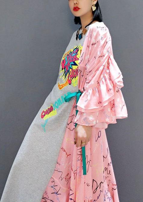 Boutique Patchwork O-Neck Print Half Sleeve Asymmetrical Design Fall Long Dress - SooLinen