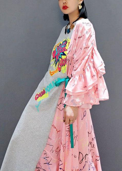 Boutique Patchwork O-Neck Print Half Sleeve Asymmetrical Design Fall Long Dress - SooLinen