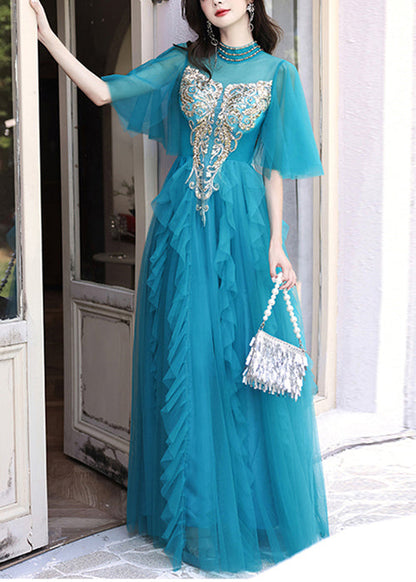 Boutique Peacock Blue Sequins HighWaist Long Dresses Half Sleeve