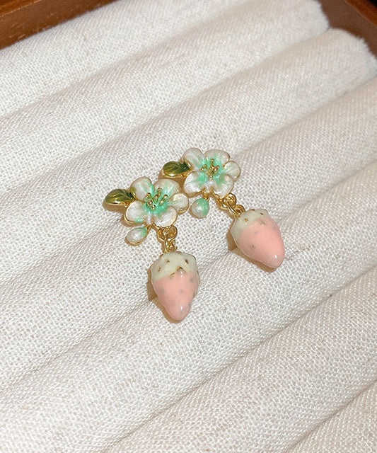 Pendientes colgantes de fresa con diseño floral y gotas de aceite de aleación rosa de boutique