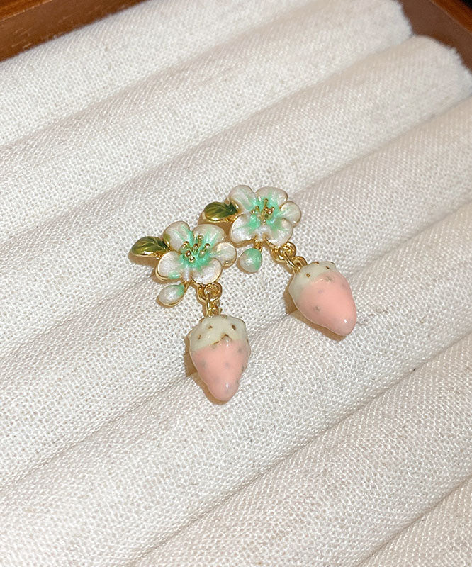 Pendientes colgantes de fresa con diseño floral y gotas de aceite de aleación rosa de boutique