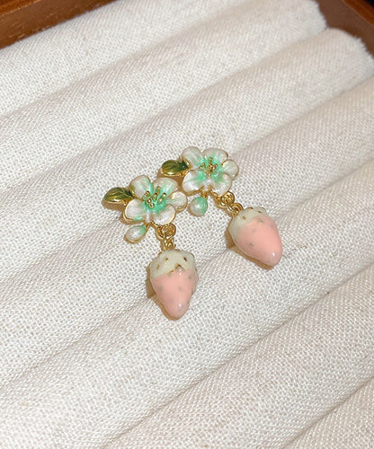 Pendientes colgantes de fresa con diseño floral y gotas de aceite de aleación rosa de boutique