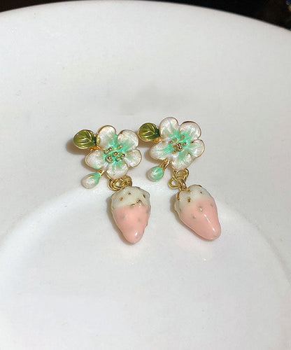 Pendientes colgantes de fresa con diseño floral y gotas de aceite de aleación rosa de boutique