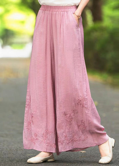 Boutique-Seidenhose in Rosa mit bestickten Taschen und elastischem Bund für den Herbst