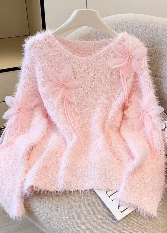 Boutique Pink Floral Faux Mink Hair Knitted Cozy Sweater Winter