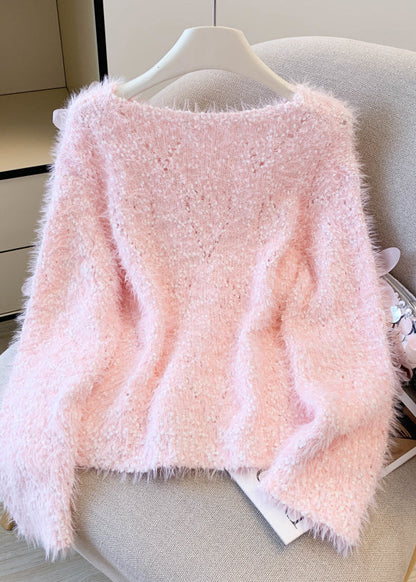 Boutique Pink Floral Faux Mink Hair Knitted Cozy Sweater Winter
