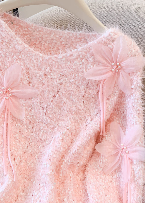 Boutique Pink Floral Faux Mink Hair Knitted Cozy Sweater Winter