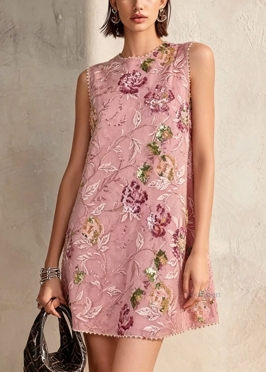 Boutique Pink O-Neck Embroidered Sequins Mid Dress Sleeveless
