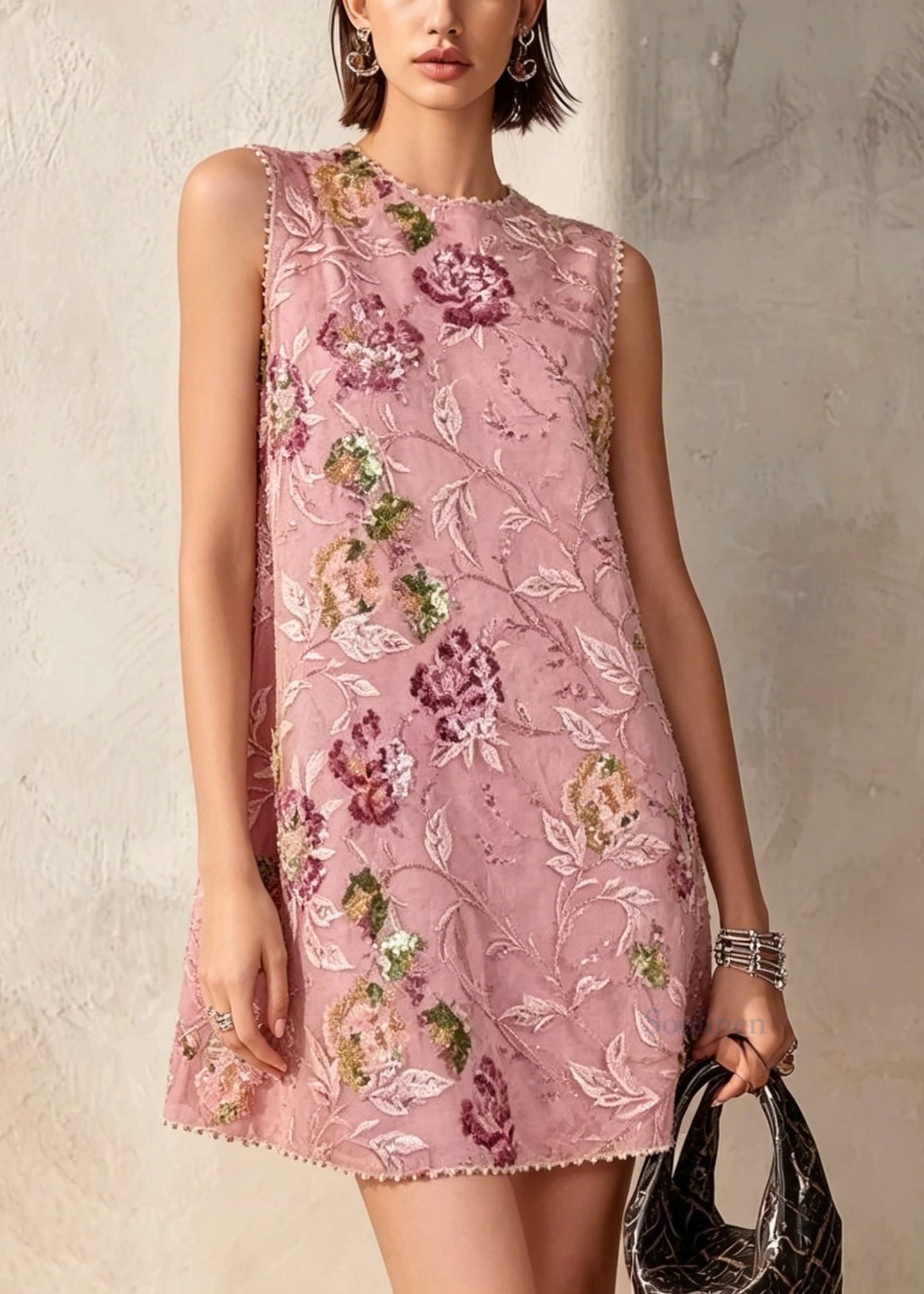 Boutique Pink O-Neck Embroidered Sequins Mid Dress Sleeveless
