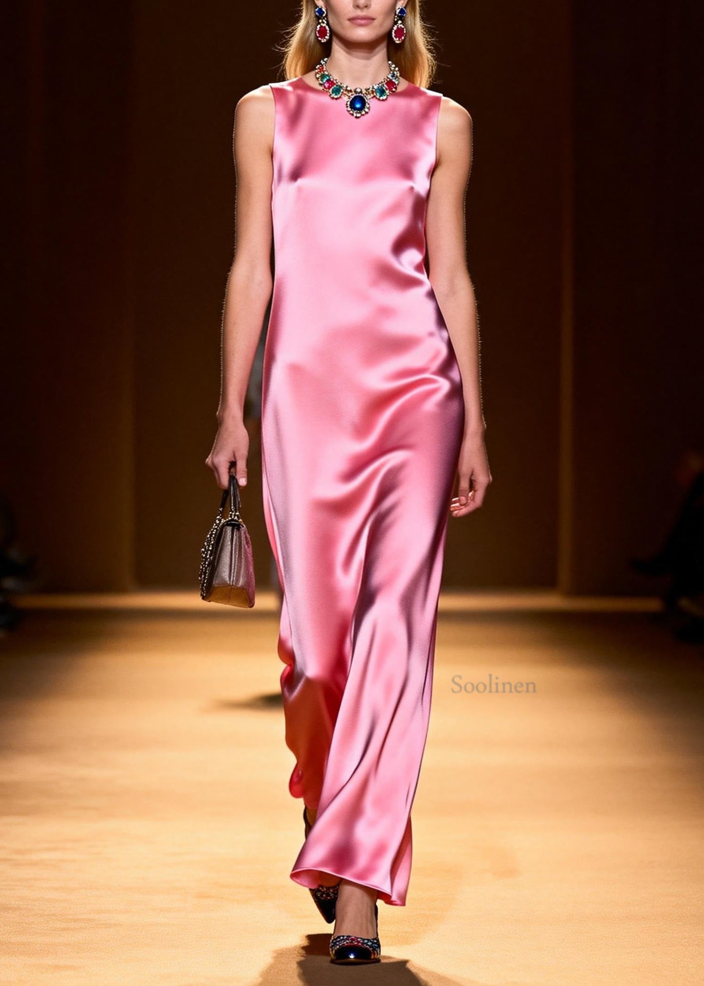 Boutique Pink O Neck Silk Robe Dresses Sleeveless