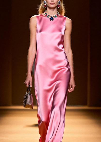 Boutique Pink O Neck Silk Robe Dresses Sleeveless