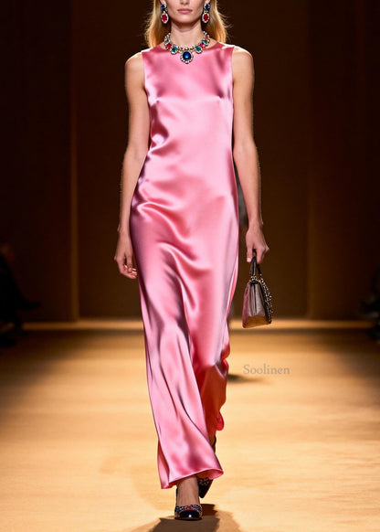Boutique Pink O Neck Silk Robe Dresses Sleeveless