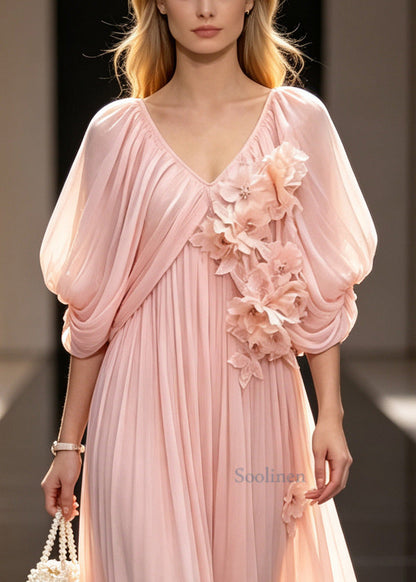 Boutique Pink Oversized Floral Chiffon Vacation Dresses Cloak Sleeves