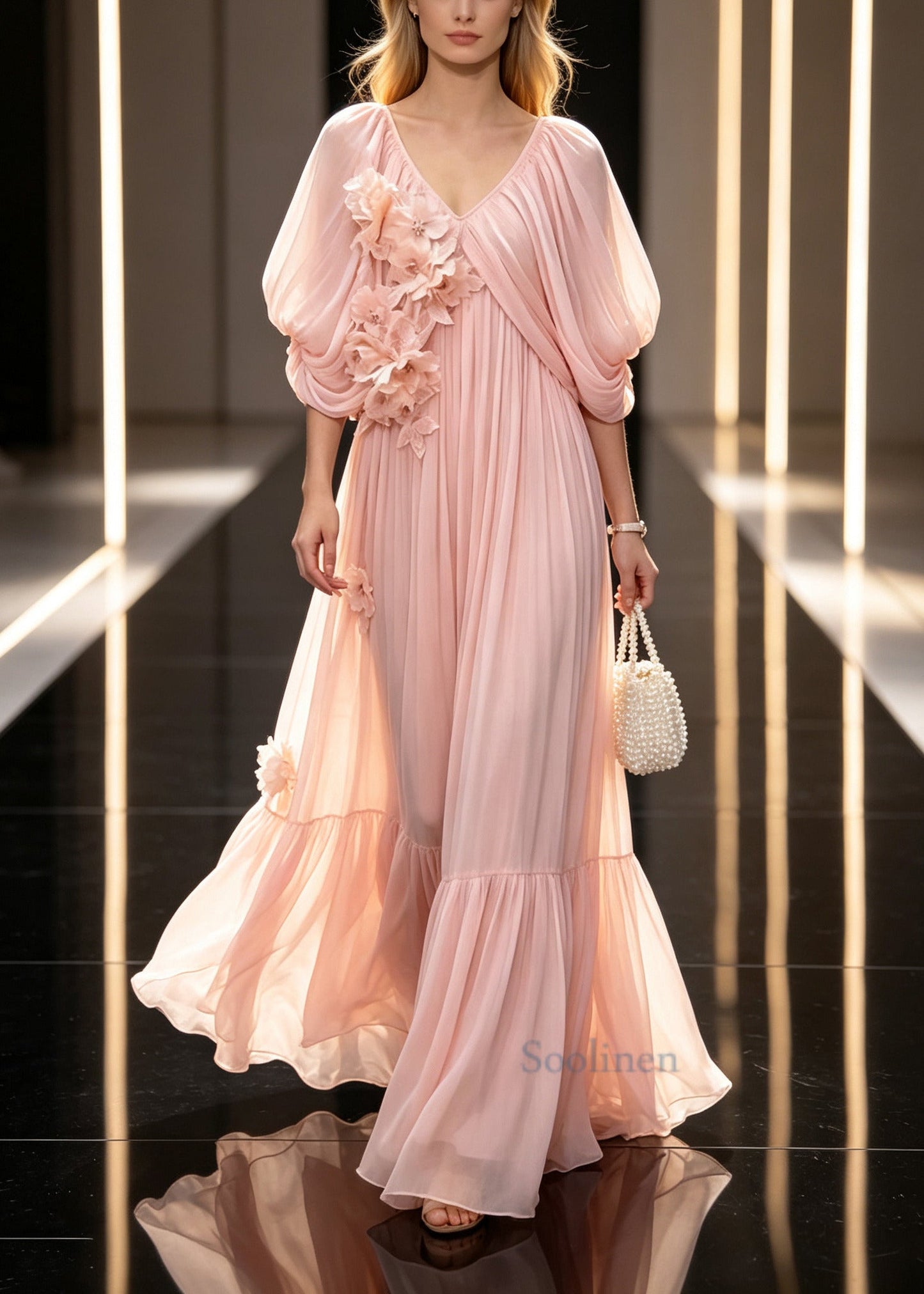 Boutique Pink Oversized Floral Chiffon Vacation Dresses Cloak Sleeves