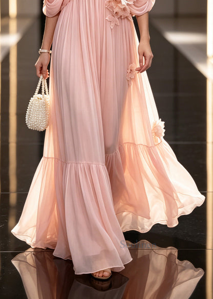 Boutique Pink Oversized Floral Chiffon Vacation Dresses Cloak Sleeves