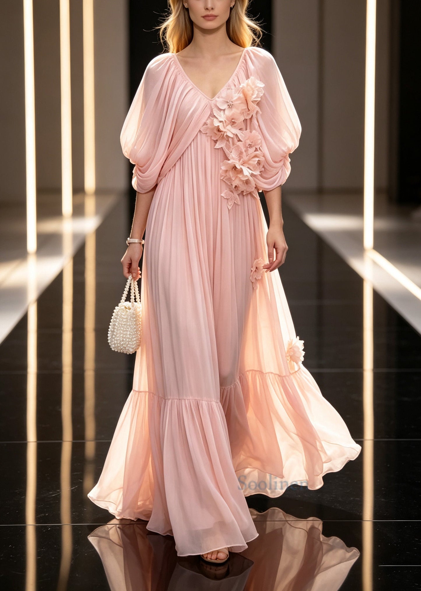 Boutique Pink Oversized Floral Chiffon Vacation Dresses Cloak Sleeves