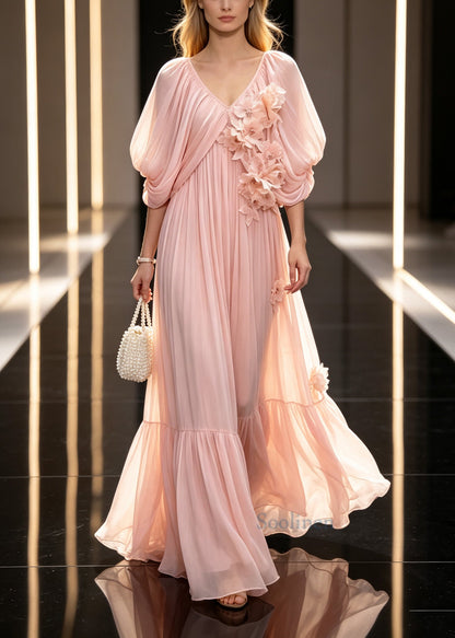 Boutique Pink Oversized Floral Chiffon Vacation Dresses Cloak Sleeves