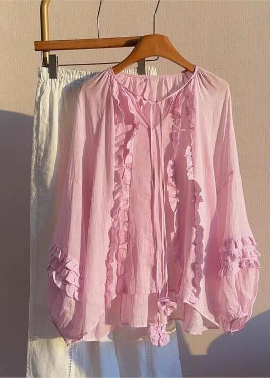 Boutique Pink Oversized Ruffled Cotton Shirts Fall