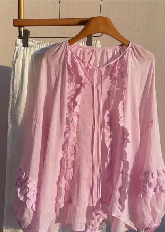Boutique Pink Oversized Ruffled Cotton Shirts Fall