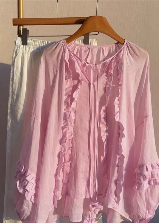 Boutique Pink Oversized Ruffled Cotton Shirts Fall