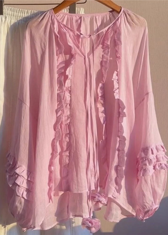 Boutique Pink Oversized Ruffled Cotton Shirts Fall