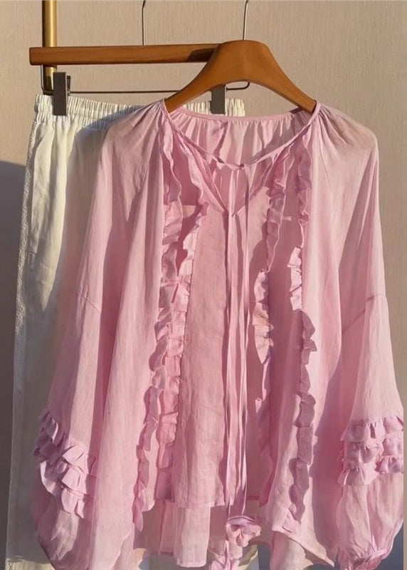 Boutique Pink Oversized Ruffled Cotton Shirts Fall