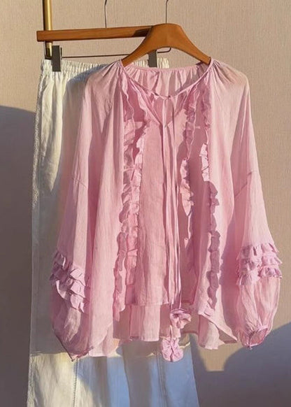 Boutique Pink Oversized Ruffled Cotton Shirts Fall