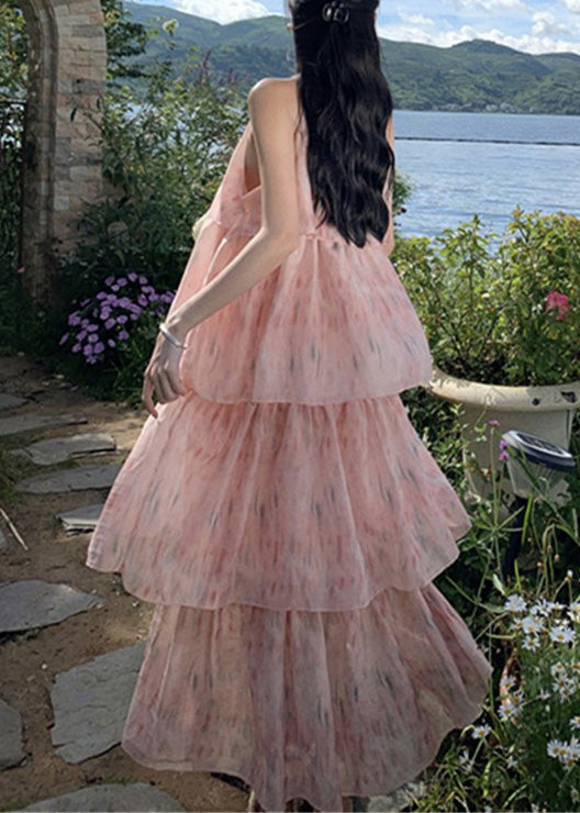 Boutique Rosa Print Lagen Falten Patchwork Chiffon Kleid Ärmellos