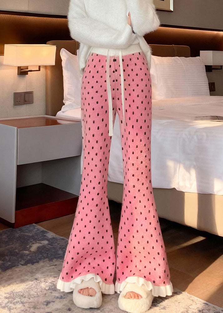 Boutique Pink Ruffled Dots Knit Bell-bottom Trousers Winter