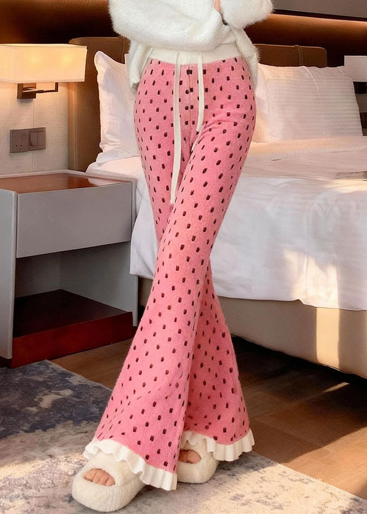 Boutique Pink Ruffled Dots Knit Bell-bottom Trousers Winter
