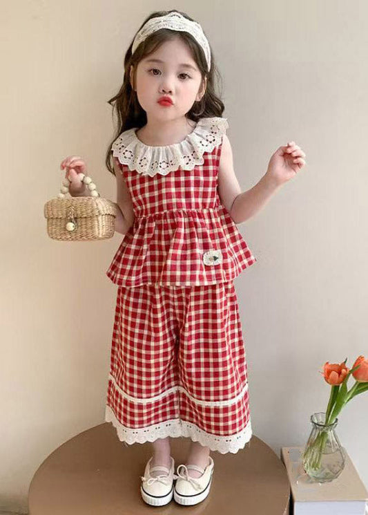 Boutique Pink Ruffled Print Kids Top And Wide Leg Pants Two Piece Set Sleeveless