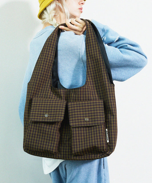 Bolso de hombro de lona de gran capacidad con bolsillos a cuadros de Boutique