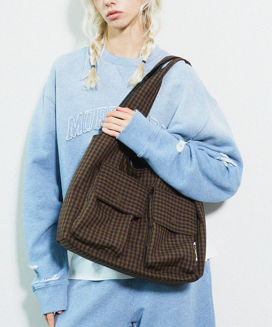 Bolso de hombro de lona de gran capacidad con bolsillos a cuadros de Boutique